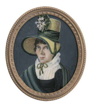 Lot 6414, Auction  125, Deutsch, um 1820. Miniatur Portrait einer Frau mit Enzian auf gelber Haube, in schwarzem Kleid