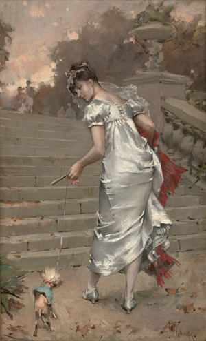 Lot 6564, Auction  125, Kaemmerer, Frederik Hendrik, Spaziergang im Park: Junge Pariserin im weißen Seidenkleid mit ihrem Hündchen