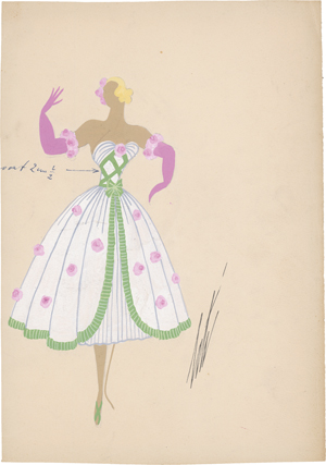 Lot 6627, Auction  125, Erté, "BAGATELLE": Kostümstudie für ein mit Rosenblüten besetztes Kleid.