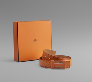 Lot 6678, Auction  125, Hermès, Gürtel, Tangerine, emaillierte Palladium H-Schnalle.