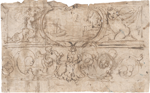 Lot 6713, Auction  125, Italienisch, wohl 17. Jh. Entwurf für eine Wandgestaltung mit Putten, einer Nereide und einem Seestück
