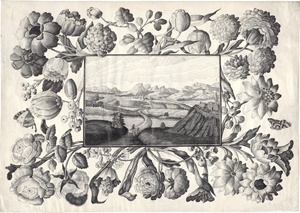 Lot 6760, Auction  125, Niederländisch, um 1800. Trompe-l'œil einer gezeichneten Flusslandschaft mit Städtchen und Bergen in opulenter Rahmung aus Blumen und Schmetterlingen