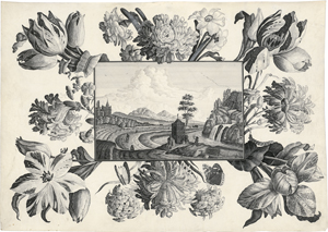 Lot 6761, Auction  125, Niederländisch, um 1800. Trompe-l'œil einer gezeichneten Flusslandschaft mit Burg und Marterl  in opulenter Rahmung aus Blumen, Schmetterlingen und Raupen
