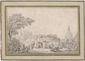 Lot 6763, Auction  125, Französisch, 18, Jh. Blick über ein verfallenes Gehöft auf die Kuppel des Invalidendoms in Paris