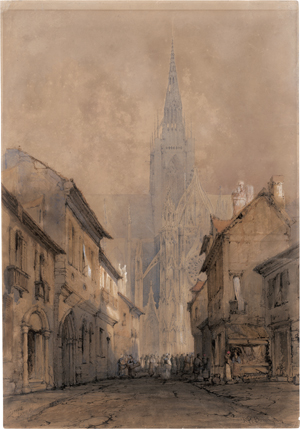 Los 6896 - Bonington, Richard Parkes - Die belebte Rue de l'Horloge bei Sonnenaufgang mit der Kathedrale Notre-Dame in Évreux - 0 - thumb