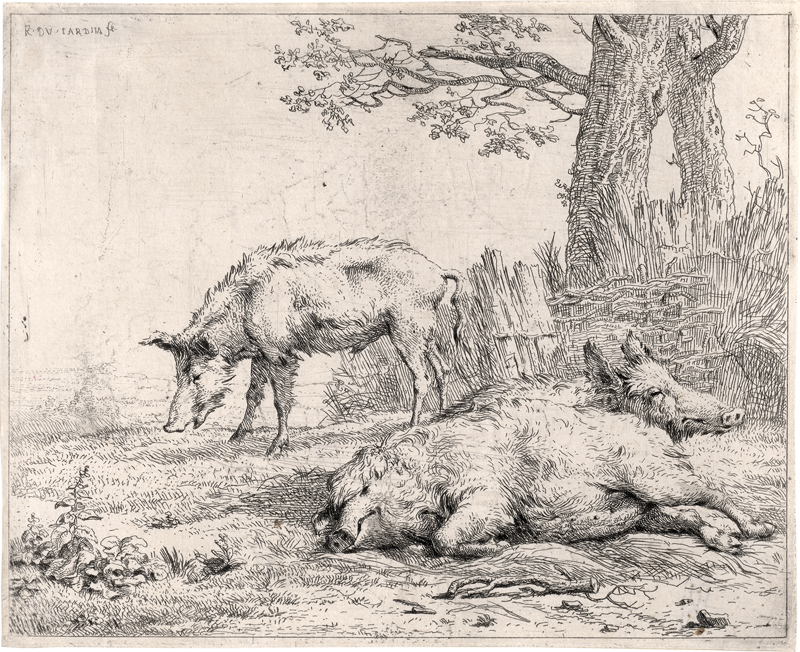 Lot 5090, Auction  125, Dujardin, Karel, Die drei Schweine bei der Hecke