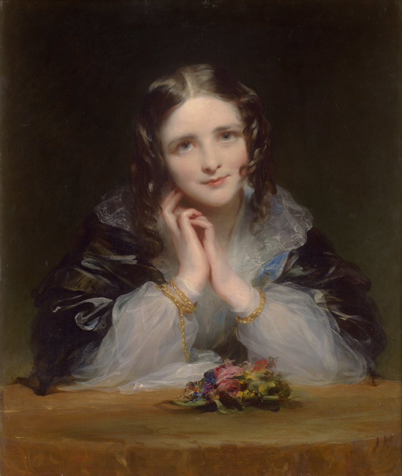Lot 6075, Auction  125, Englisch, um 1850. Bildnis einer jungen Frau in hellblauem Tüllkleid mit schwarzem Schultertuch
