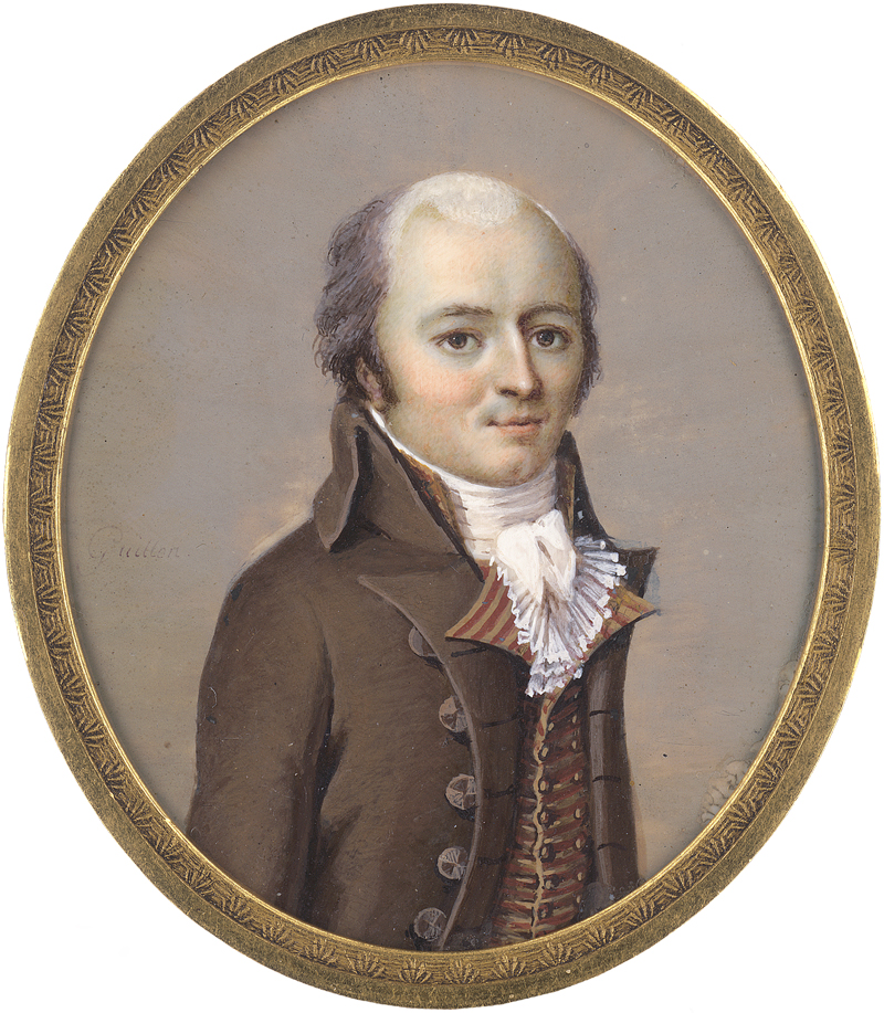 Lot 6355, Auction  125, Guillon, Charles-Nicolas, Miniatur Portrait eines jungen Mannes in brauner Jacke und gestreifter Weste