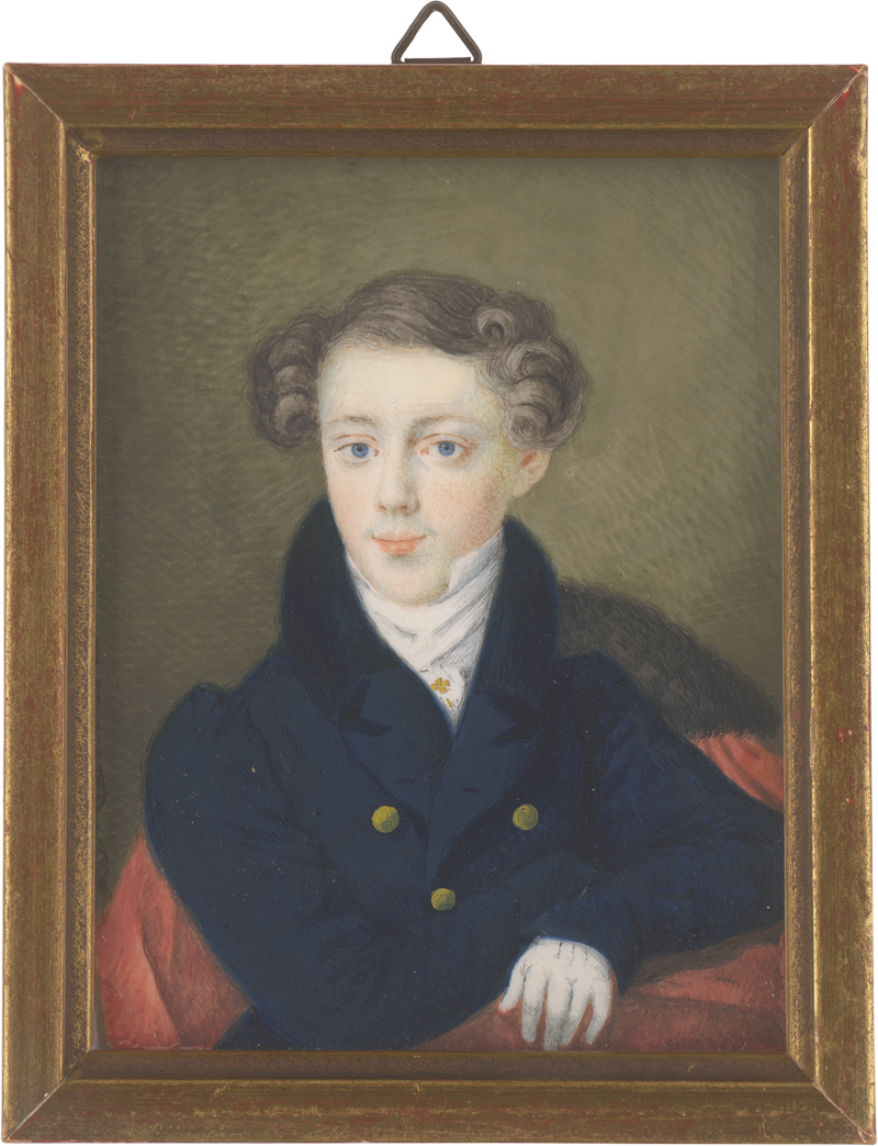 Lot 6409, Auction  125, Zentraleuropäisch, um 1820/1830. Miniatur Portrait eines sitzenden Jungen mit Schneckerlfrisur 