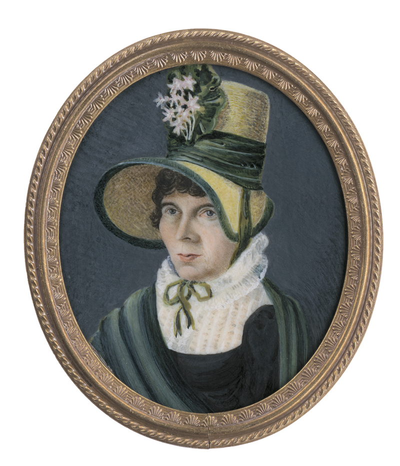 Lot 6414, Auction  125, Deutsch, um 1820. Miniatur Portrait einer Frau mit Enzian auf gelber Haube, in schwarzem Kleid