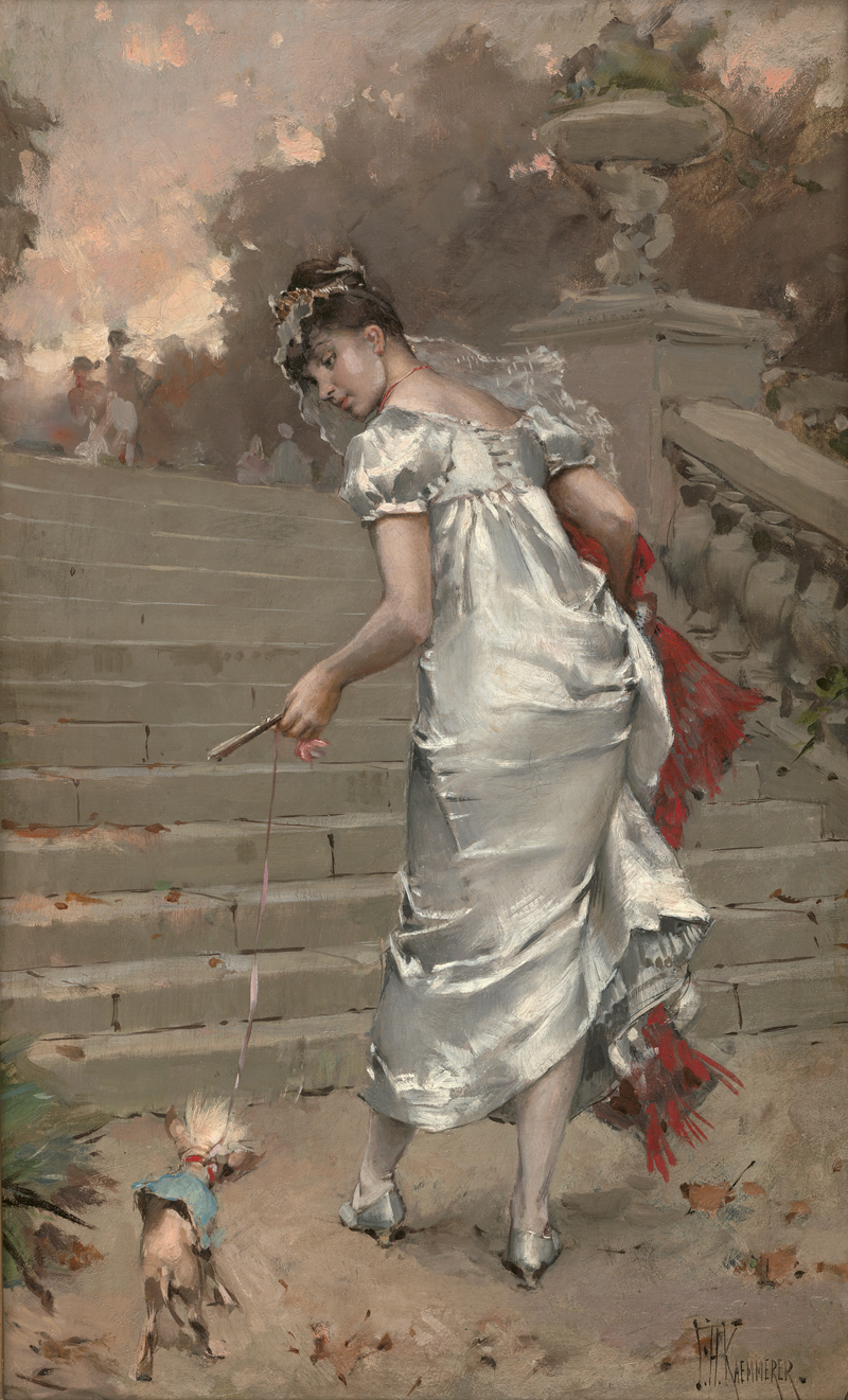 Lot 6564, Auction  125, Kaemmerer, Frederik Hendrik, Spaziergang im Park: Junge Pariserin im weißen Seidenkleid mit ihrem Hündchen