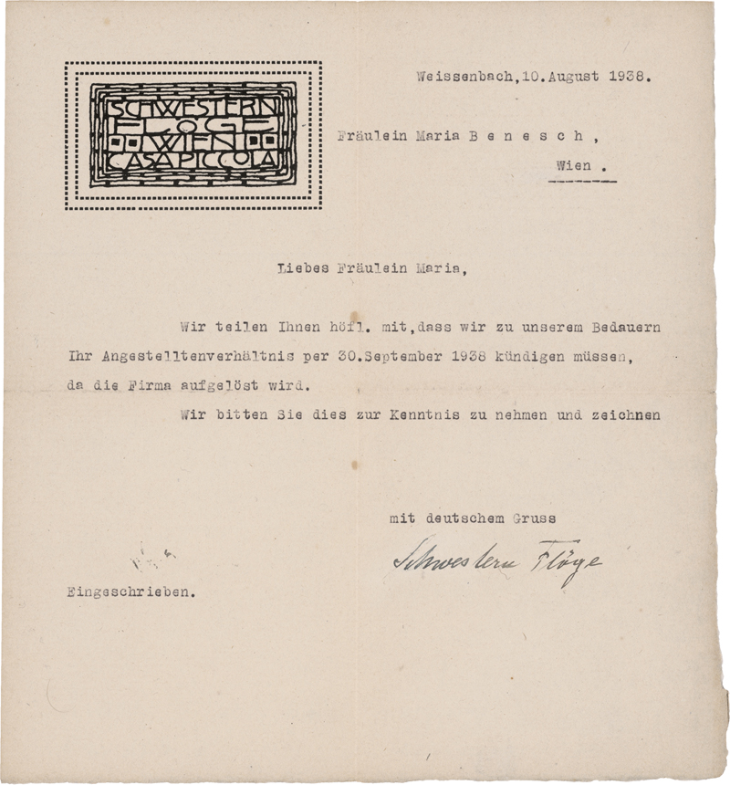 Lot 6573, Auction  125, Modesalon Schwestern Flöge, Kündigungsschreiben mit Unterschrift