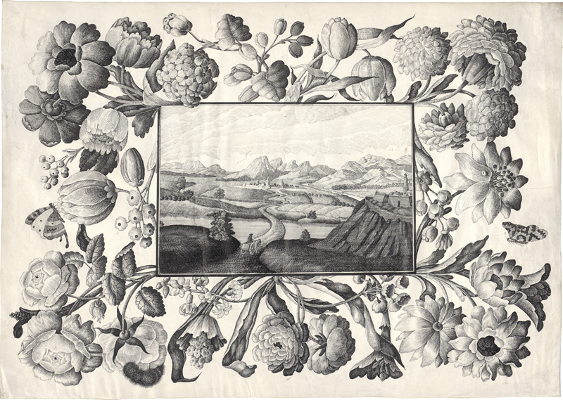 Lot 6760, Auction  125, Niederländisch, um 1800. Trompe-l'œil einer gezeichneten Flusslandschaft mit Städtchen und Bergen in opulenter Rahmung aus Blumen und Schmetterlingen