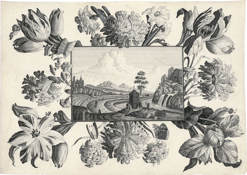 Lot 6761, Auction  125, Niederländisch, um 1800. Trompe-l'œil einer gezeichneten Flusslandschaft mit Burg und Marterl  in opulenter Rahmung aus Blumen, Schmetterlingen und Raupen