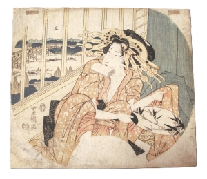 Los 679 - Torii, Kiyonaga - Geisha sitzend mit Fächer in der Hand. - 3 - thumb