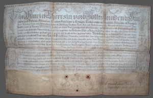 Lot 2594, Auction  126, Maria Theresia, Kaiserin von Österreich, Pergament-Urkunde mit gezeichneter Ornamentik. 1743
