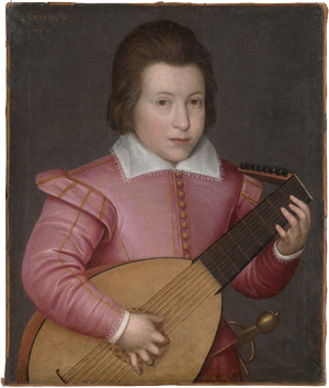 Lot 6007, Auction  126, Anglo-flämische Schule, 1598. Bildnis eines Knaben im lachsfarbenen Wams mit Laute