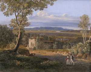 Lot 6053, Auction  126, Deutsch, 1825. Reisendes Paar bei einem Gehöft, im Hintergrund Blick auf Lucca mit dem Ponte San Quirico