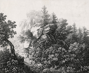 Los 6639 - Faber, Johann Theodor Eusebius - Schule - Waldpartie mit Felsformationen, im Mittelgrund ein Wanderer - 0 - thumb