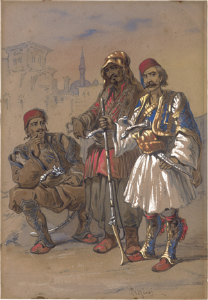 Lot 6707, Auction  126, Preziosi, Amadeo, Drei osmanische Krieger vor der Kulisse Istanbuls