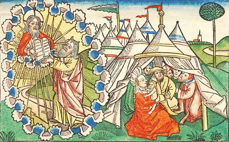 Lot 1061, Auction  126, Koberger-Bibel, Einzelblatt aus der "Neunten deutschen Bibel". Mit koloriertem Holzschnitt von Moses, der die Gesetzestafeln von Gott empfängt. Nürnberg, Anton Koberger, 1483