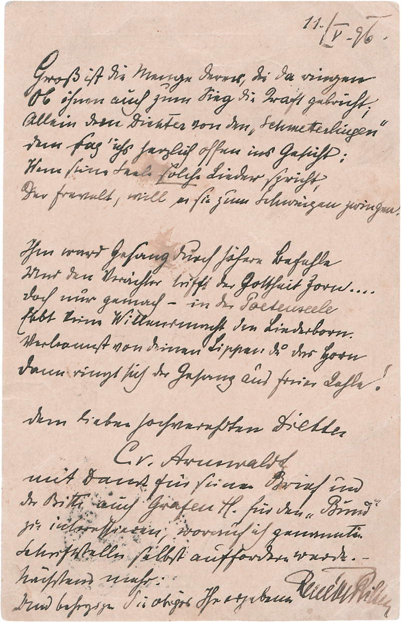 Lot 2538, Auction  126, Rilke, Rainer Maria, Frühes Gedichtmanuskript auf Postkarte. Mit Beilagen. 1896