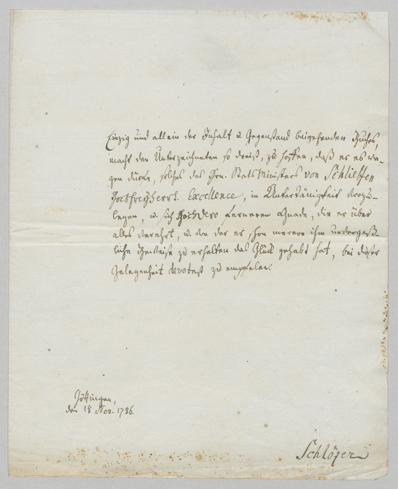 Lot 2540, Auction  126, Schlözer, August Ludwig von, Brief aus Göttingen an den Minister von Schlieffen. 1786