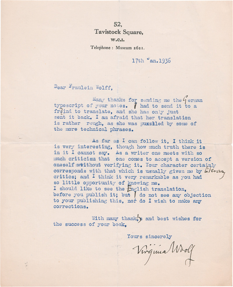 Lot 2551, Auction  126, Woolf, Virginia, Brief an Charlotte Wolff. 1936