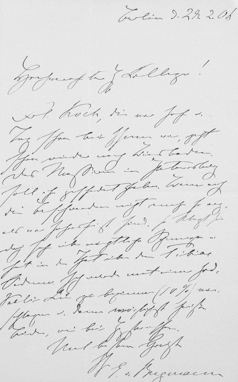 Lot 2553, Auction  126, Bergmann, Ernst von, Brief mit Therapie-Empfehlung an einen Kollegen. 1906