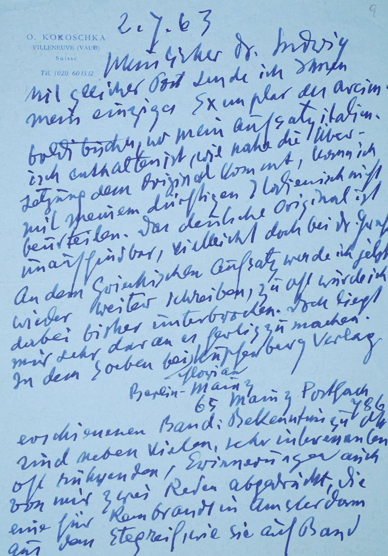 Lot 2615, Auction  126, Kokoschka, Oskar, Brief an Ludwig Goldscheider über seine Bücher. 1963