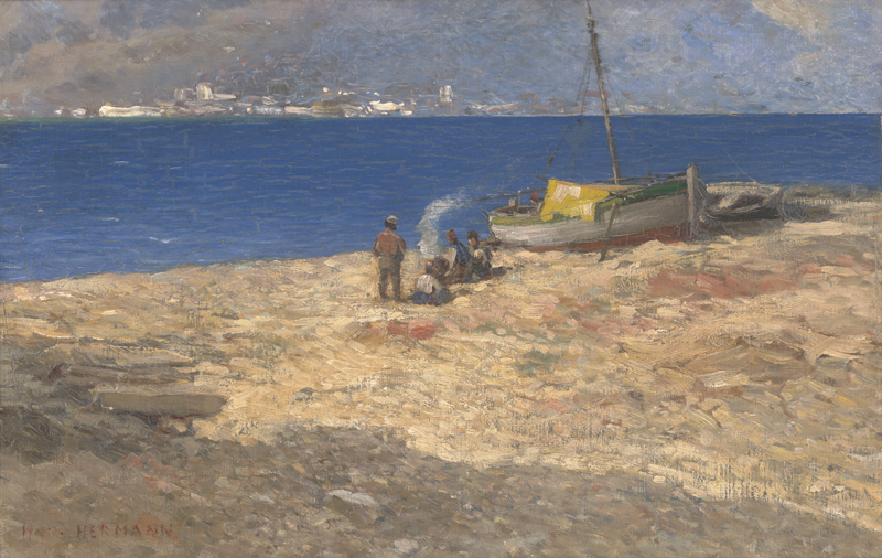 Lot 6177, Auction 126, Hermann, Hans, Orientalische Fischer mit Booten am Meeresstrand mit Blick über eine Bucht auf eine weiße Stadt (Tunis?).