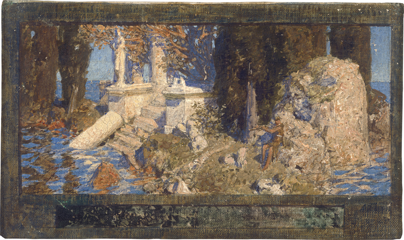 Lot 6181, Auction  126, Rothaug, Alexander, In Arkadien: Kleine Insel mit Tempel, Zypressen und einem Flötenspieler