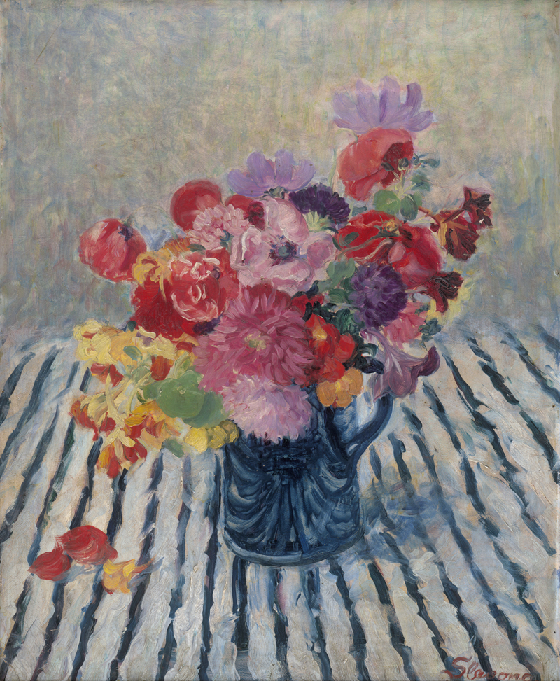 Lot 6215, Auction 126, Slavona, Maria, Blumenstilleben auf einem Tisch mit gestreiftem Tischtuch