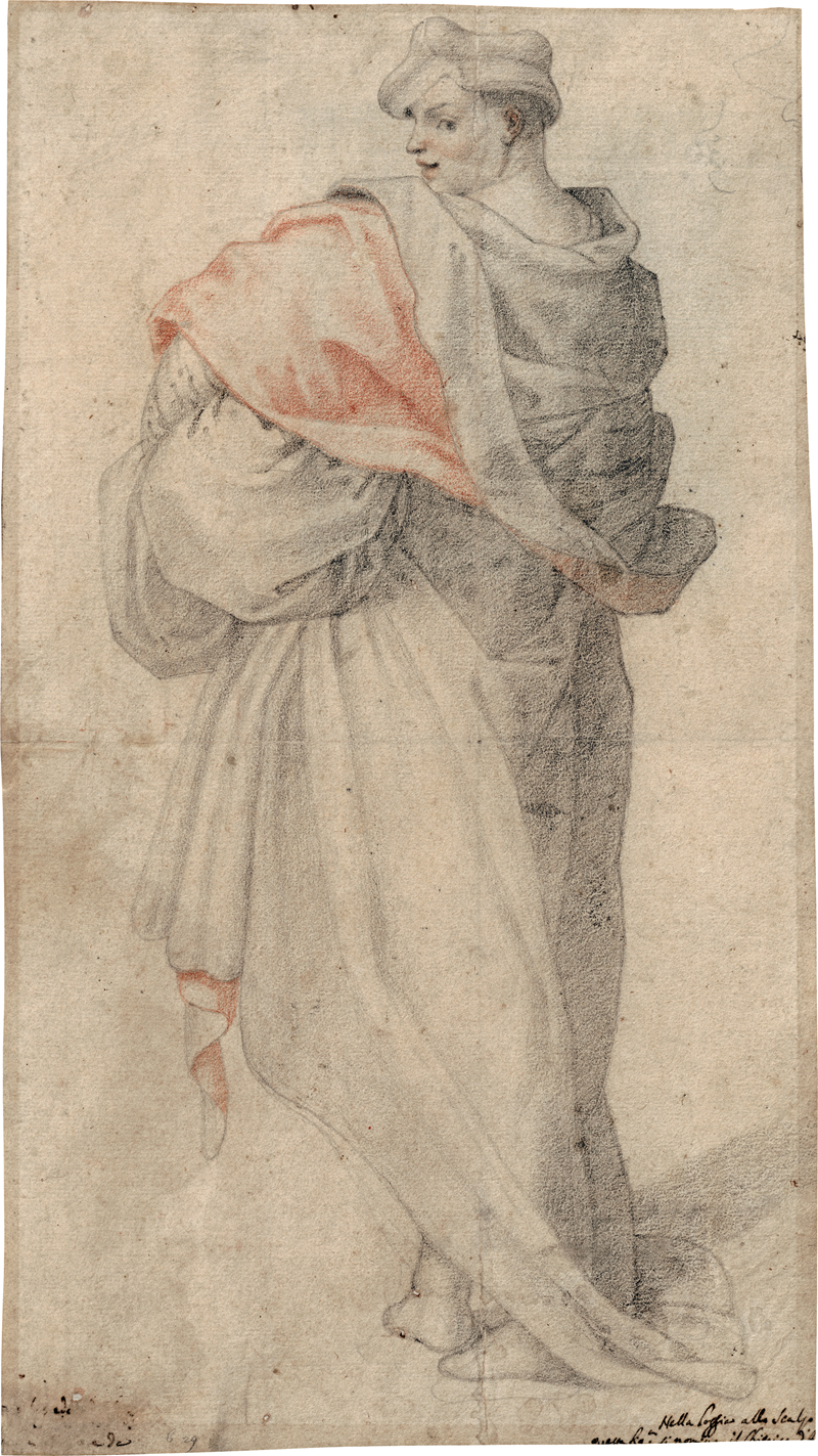 Lot 6513, Auction  126, Florentiner Schule, 16. Jh. . Rückenfigur eines Nobile im weiten Mantel mit Barett