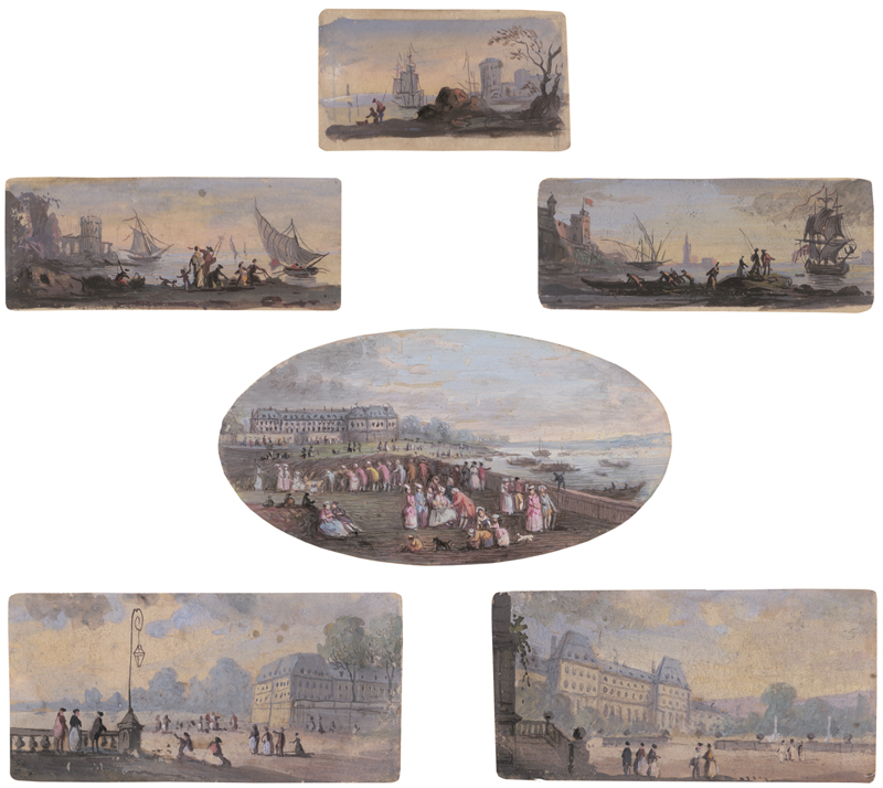 Lot 6584, Auction  126, Französisch, spätes 18. Jh. Tableaux mit 6 Ansichten französischer Schlösser und Häfen