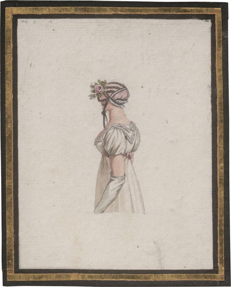Lot 6618, Auction  126, Klein, Johann Adam, Kostümstudie einer jungen Frau in halber Rückenansicht mit rosengeschmückter Haube und Handschuhen