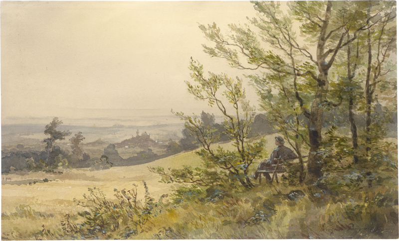 Lot 6686, Auction  126, Wucherer, Fritz, Rastender Spaziergänger auf einer Bank, mit Blick von der die Taunushöhe auf Burg Kronberg