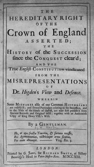 Lot 523, Auction  127, Harbin, George, The Hereditary Right of the Crown of England Asserted