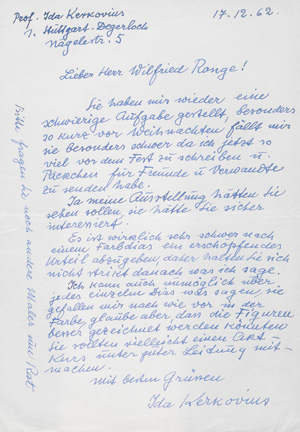 Lot 2609, Auction  127, Kerkovius, Ida, 2 eigh. Briefe u. 1 Postkarte an Wilfried Range. 1962-1963
