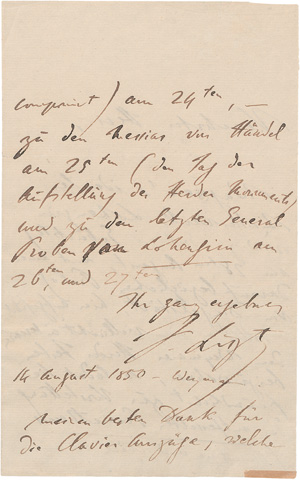 Lot 2637, Auction  127, Liszt, Franz, Brief mit Einladung zur Lohengrin-Uraufführung und zu Herder-Festlichkeiten. 1850