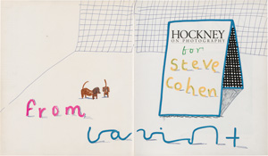 Lot 3147, Auction  127, Hockney, David, Hockney on Photography. Widmungsexemplar mit doppelseitiger farbiger Zeichnung
