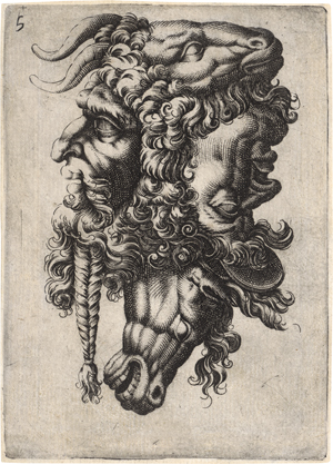 Lot 5148, Auction  127, Maglioli, Giovanni Andrea, Vexierbild aus den Köpfen von Männern, einer Ziege und einem Pferd