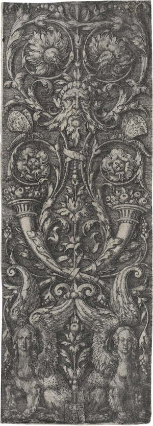 Lot 5165, Auction  127, Aldegrever, Heinrich, Ornamentaler Entwurf mit Makse, zwei Cornucopiae mit Frücjten ud zwei Sphinxen
