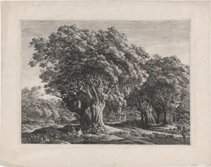 Lot 5561, Auction  127, Kolbe, Carl Wilhelm, Waldgegend mit großen Weiden, links vorn zwei sitzende Männer