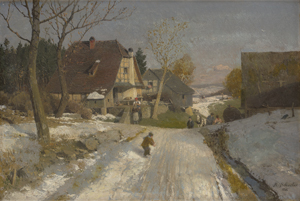 Lot 6082, Auction  127, Schuster, Rudolf Heinrich, Vorfrühling im Riesengebirge: Dorfstraße mit Schneeballwerfer