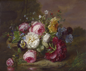 Lot 6095, Auction  127, Haanen, Adriana, Blumenstillleben im Flechtkorb am Ufer eines Weihers mit Frosch und Ameisen