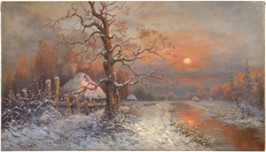 Lot 6168, Auction  127, Klever, Julius Sergius von, Abendliche Winterlandschaft mit verschneiten Holzhäusern am Fluss