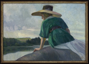 Los 6188 - Lamm, Erich - "Melancholie": Frau mit Strohhut und grünem Kleid in Gedanken an einem Fluss.  - 1 - thumb