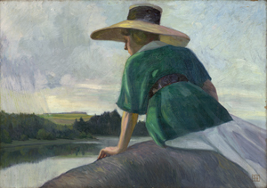 Lot 6188, Auction  127, Lamm, Erich, "Melancholie": Frau mit Strohhut und grünem Kleid in Gedanken an einem Fluss. 