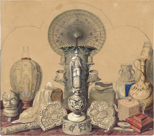 Lot 6388, Auction  127, Hauptstock, A., Arrangement mit chinesischem Schirm, Lampion, Elfenbeinskulptur